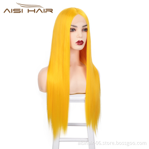 Aisi Hair 26 Inch Long Silky Straight Yellow Wig Cosplay Swiss Lace Wig Middle Part Synthetic Lace Front Wigs For Black Women
